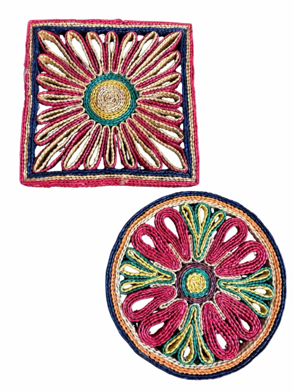 Colorful Floral Boho Raffia & Rattan Woven 7” Trivets Set of 2